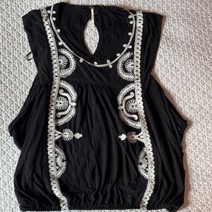 Free People Black Tank Top with White Embroidered Trim